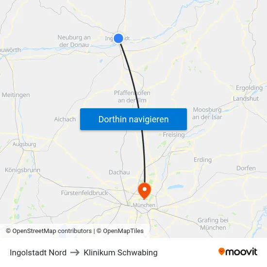 Ingolstadt Nord to Klinikum Schwabing map