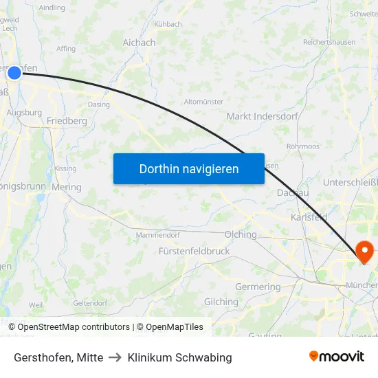 Gersthofen, Strasser to Klinikum Schwabing map