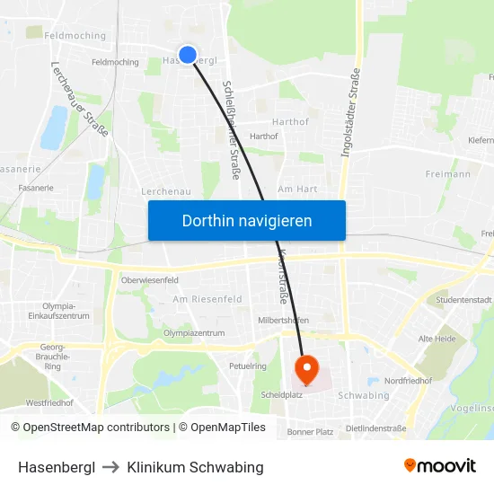 Hasenbergl to Klinikum Schwabing map