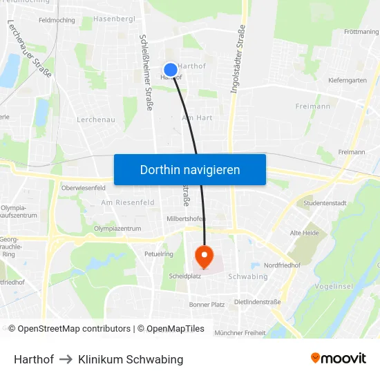 Harthof to Klinikum Schwabing map