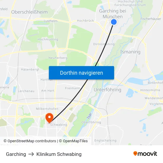 Garching to Klinikum Schwabing map