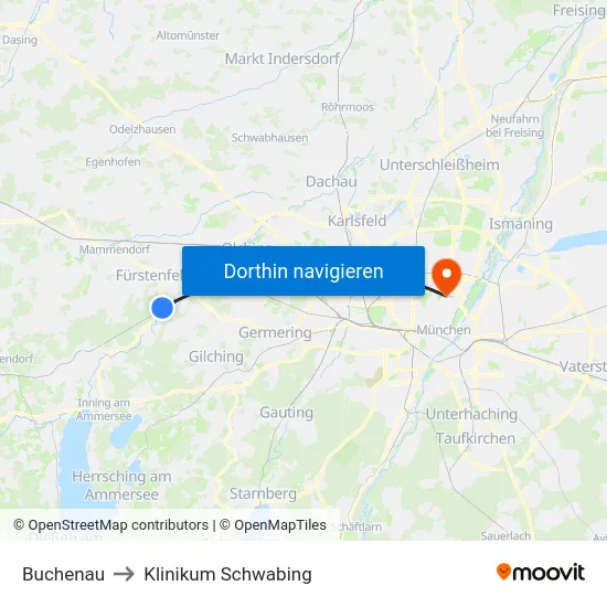 Buchenau to Klinikum Schwabing map