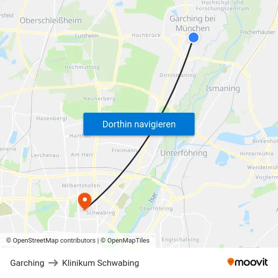 Garching to Klinikum Schwabing map