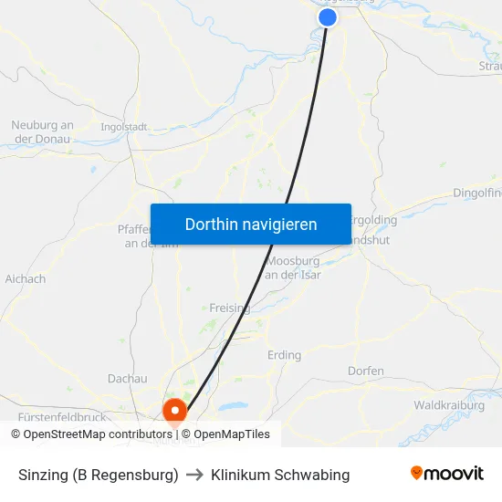 Sinzing (B Regensburg) to Klinikum Schwabing map