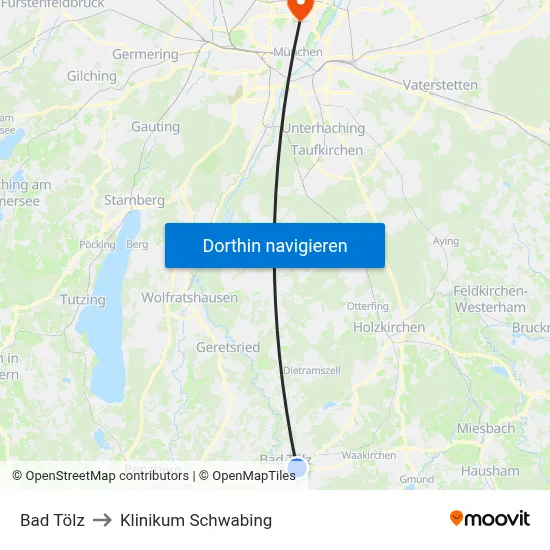 Bad Tölz to Klinikum Schwabing map