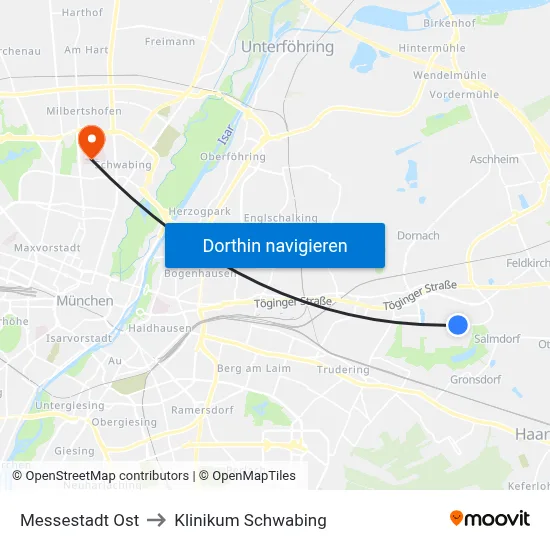 Messestadt Ost to Klinikum Schwabing map