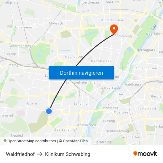 Waldfriedhof to Klinikum Schwabing map