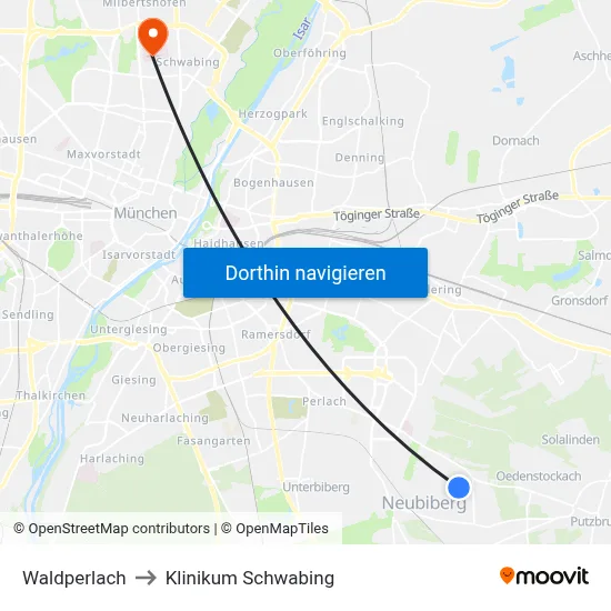 Waldperlach to Klinikum Schwabing map