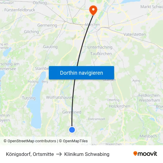 Königsdorf, Ortsmitte to Klinikum Schwabing map