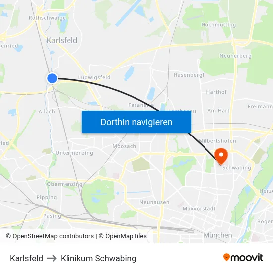 Karlsfeld to Klinikum Schwabing map