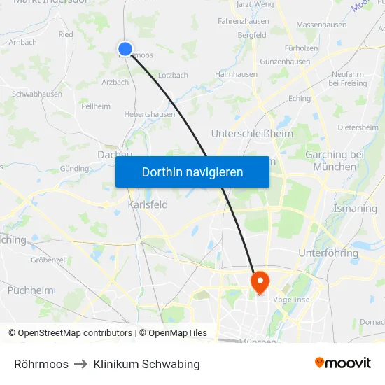 Röhrmoos to Klinikum Schwabing map