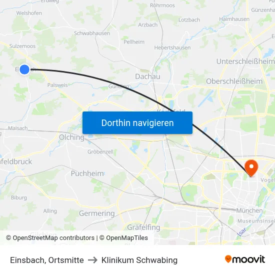 Einsbach, Ortsmitte to Klinikum Schwabing map