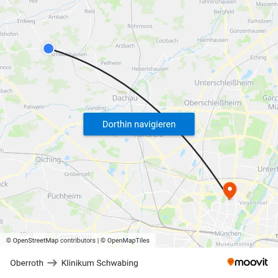 Oberroth to Klinikum Schwabing map
