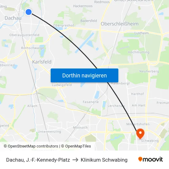 Dachau, J.-F.-Kennedy-Platz to Klinikum Schwabing map