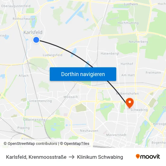 Karlsfeld, Krenmoosstraße to Klinikum Schwabing map