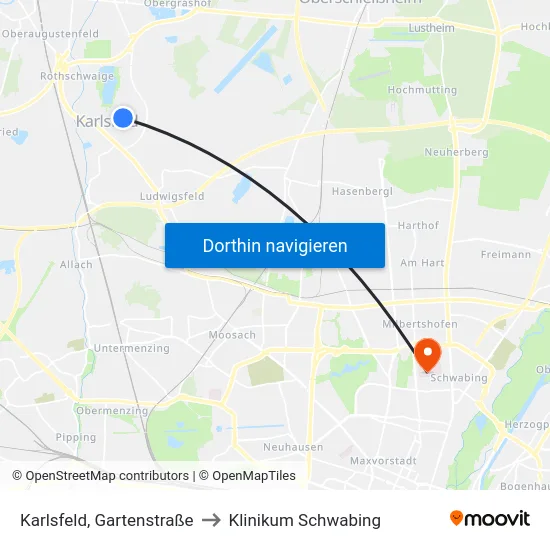 Karlsfeld, Gartenstraße to Klinikum Schwabing map