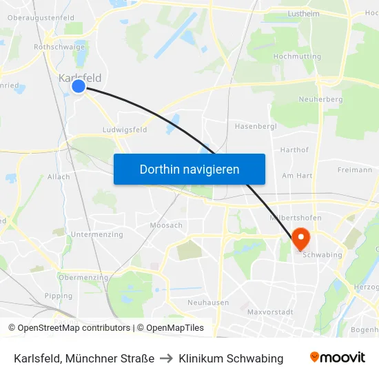 Karlsfeld, Münchner Straße to Klinikum Schwabing map
