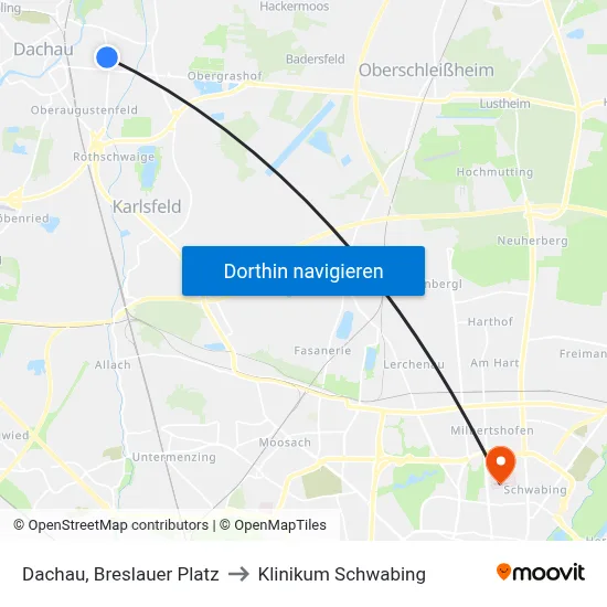 Dachau, Breslauer Platz to Klinikum Schwabing map