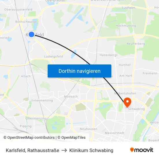 Karlsfeld, Rathausstraße to Klinikum Schwabing map