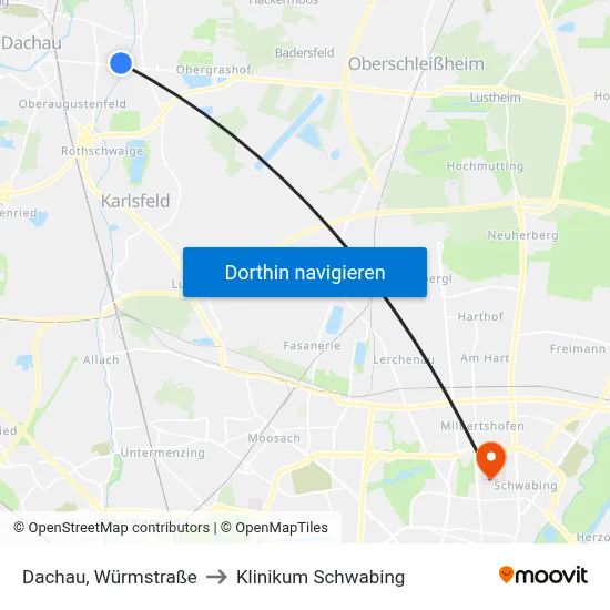 Dachau, Würmstraße to Klinikum Schwabing map