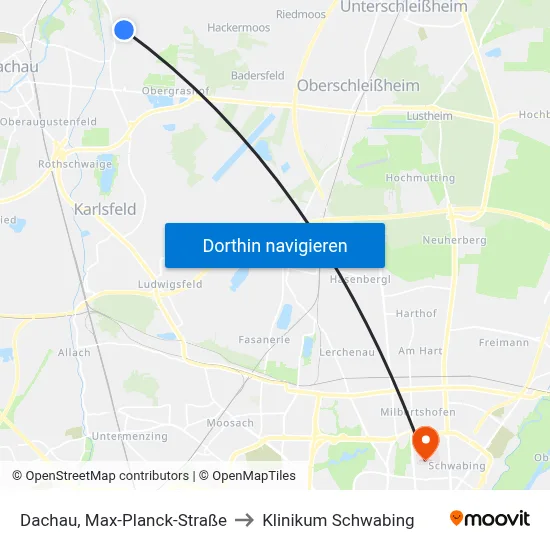 Dachau, Max-Planck-Straße to Klinikum Schwabing map