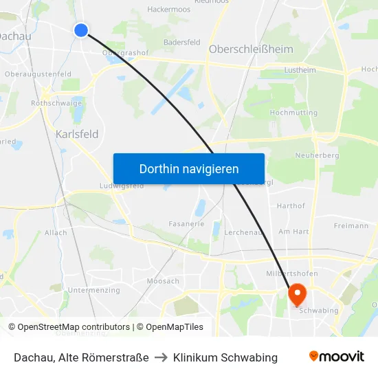 Dachau, Alte Römerstraße to Klinikum Schwabing map