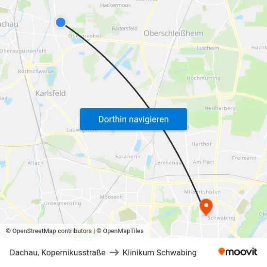 Dachau, Kopernikusstraße to Klinikum Schwabing map
