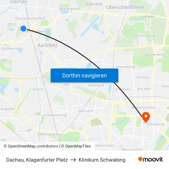Dachau, Klagenfurter Platz to Klinikum Schwabing map