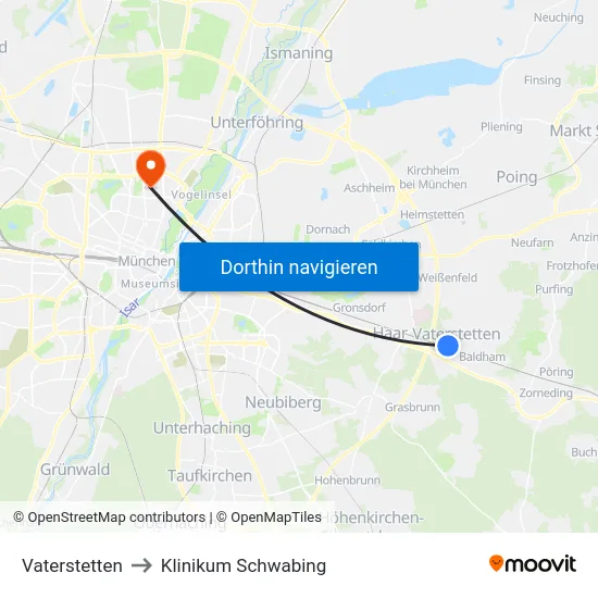 Vaterstetten to Klinikum Schwabing map