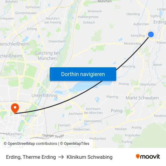 Erding, Therme Erding to Klinikum Schwabing map