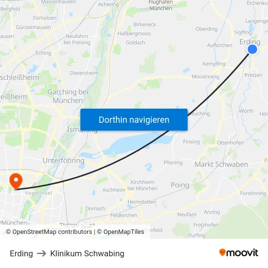 Erding to Klinikum Schwabing map