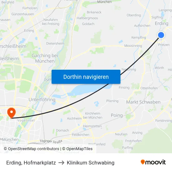 Erding, Hofmarkplatz to Klinikum Schwabing map
