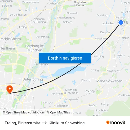 Erding, Birkenstraße to Klinikum Schwabing map