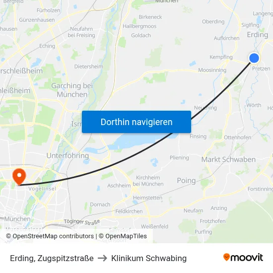 Erding, Zugspitzstraße to Klinikum Schwabing map