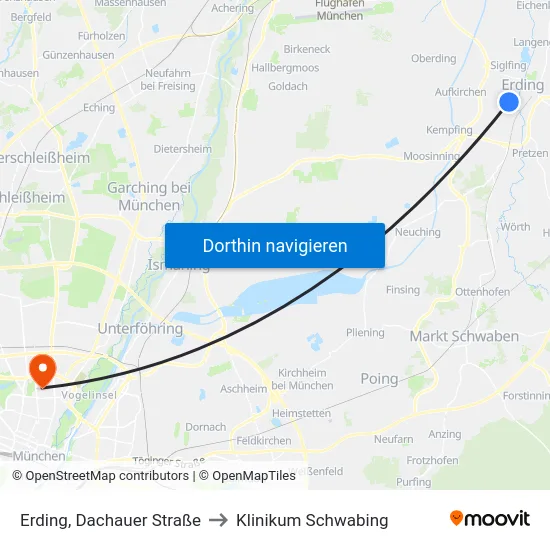 Erding, Dachauer Straße to Klinikum Schwabing map