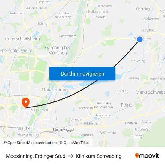 Moosinning, Erdinger Str.6 to Klinikum Schwabing map