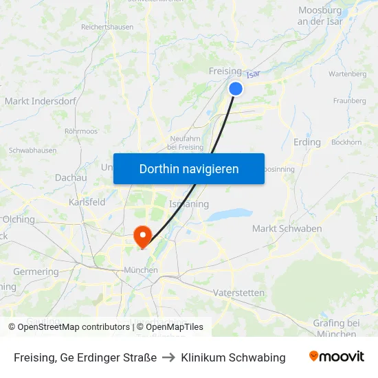 Freising, Ge Erdinger Straße to Klinikum Schwabing map