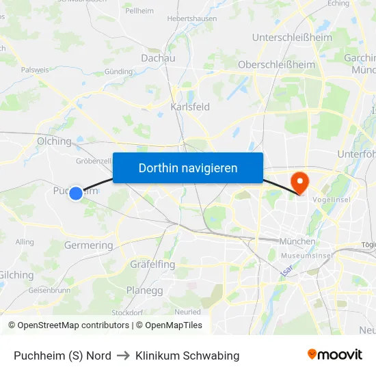 Puchheim (S) Nord to Klinikum Schwabing map