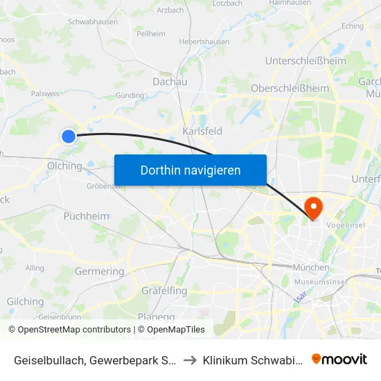 Geiselbullach, Gewerbepark Süd to Klinikum Schwabing map