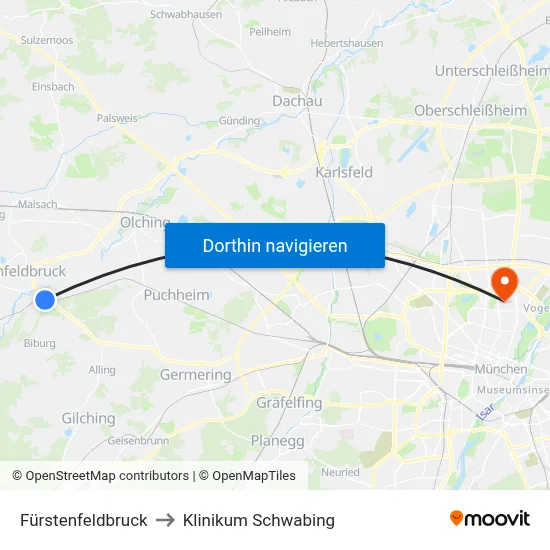 Fürstenfeldbruck to Klinikum Schwabing map