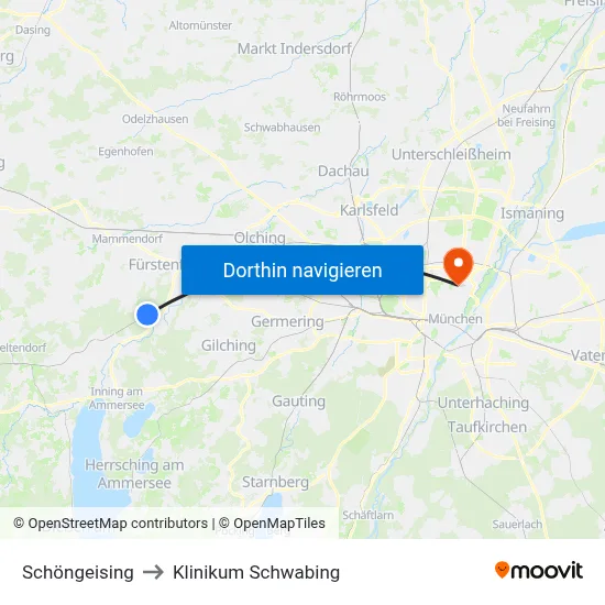 Schöngeising to Klinikum Schwabing map