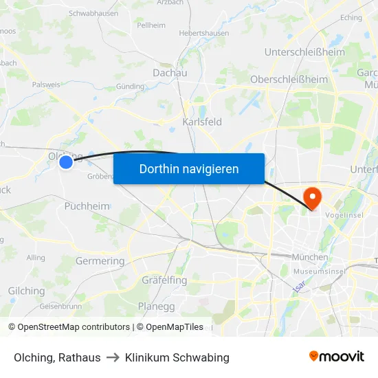 Olching, Rathaus to Klinikum Schwabing map