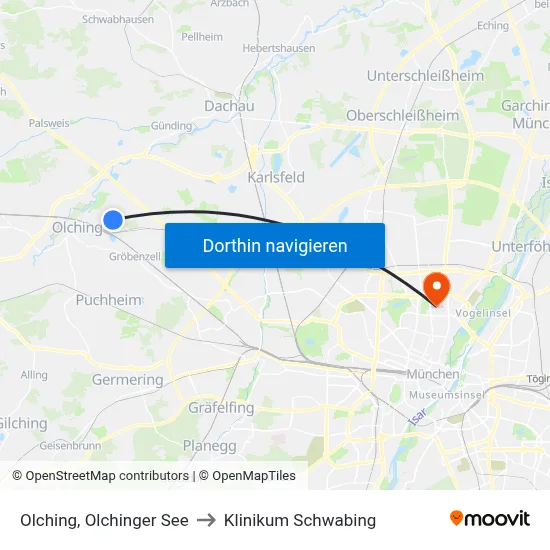 Olching, Olchinger See to Klinikum Schwabing map