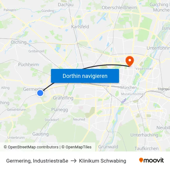 Germering, Industriestraße to Klinikum Schwabing map