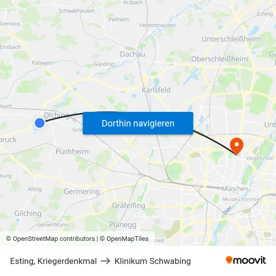 Esting, Kriegerdenkmal to Klinikum Schwabing map