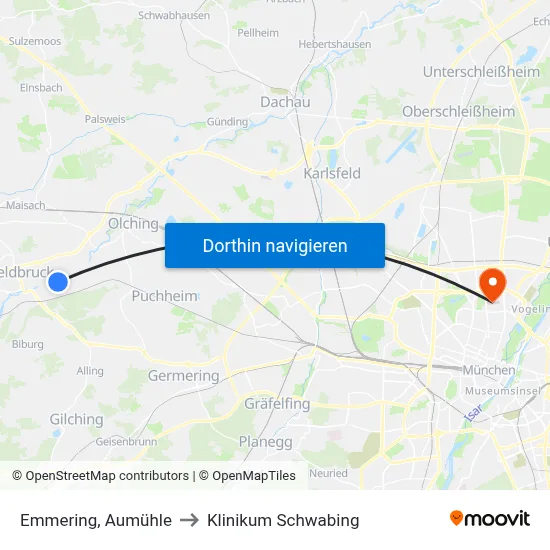 Emmering, Aumühle to Klinikum Schwabing map