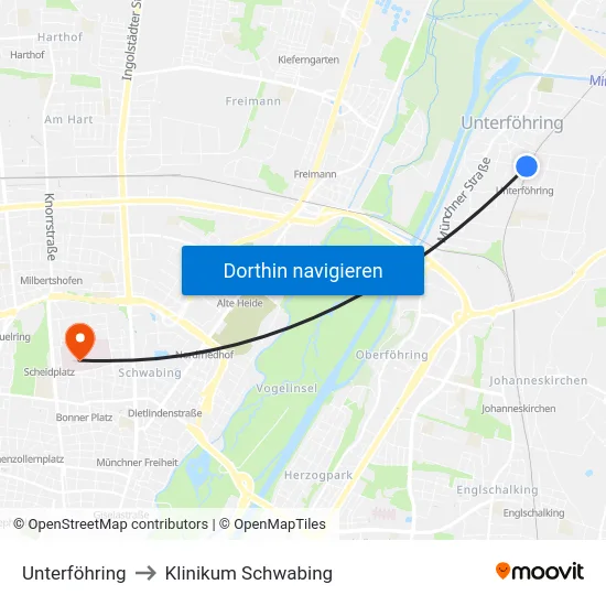 Unterföhring to Klinikum Schwabing map