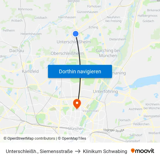 Unterschleißh., Siemensstraße to Klinikum Schwabing map