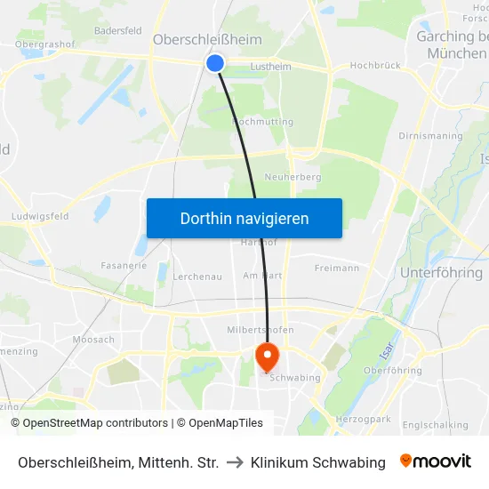 Oberschleißheim, Mittenh. Str. to Klinikum Schwabing map