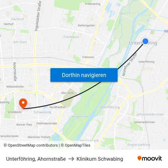 Unterföhring, Ahornstraße to Klinikum Schwabing map